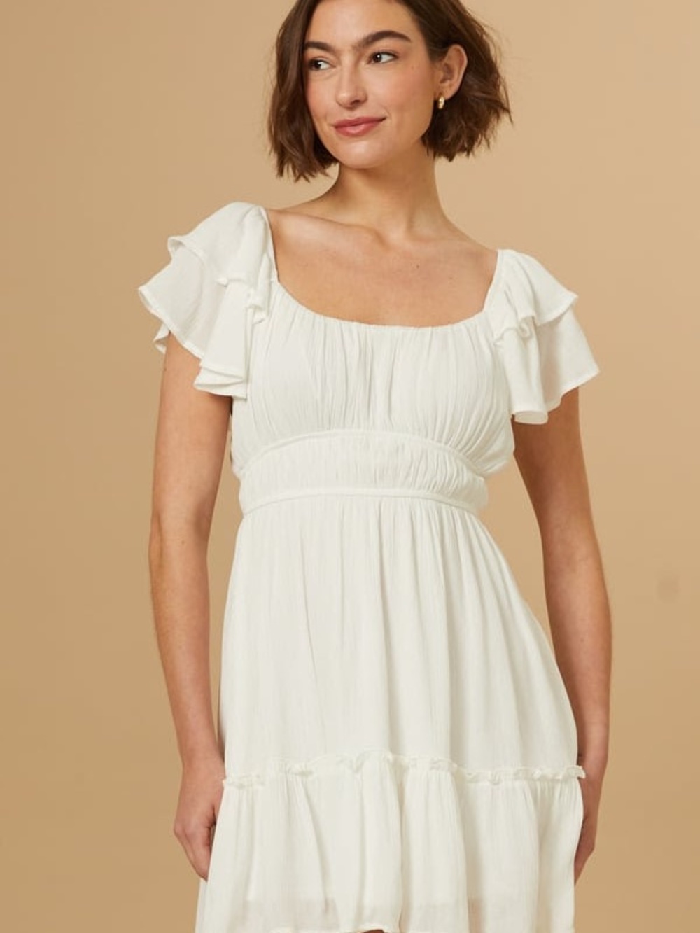Altar’d State Cleo White Ruffle Sleeve Smocked Waist Dress